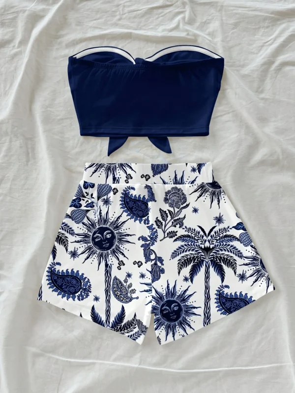 Conjunto de 2 piezas con estampado de árbol de coco y dios del sol para vacaciones de verano para mujer, adecuado para vacaciones, verano y primavera a la moda