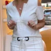 Conjunto de camisa y falda sencilla con cuello en V, vestido de mujer de manga corta, conjunto de dos piezas