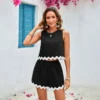 kf-S758f9a0c7bff4cd086a0f2d77b4bb37e6 Conjunto de Verano para Mujer, Negro, Sin Mangas, con Shorts, Adorno Ondulado, Traje para Vacaciones