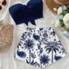 Conjunto de 2 piezas con estampado de árbol de coco y dios del sol para vacaciones de verano para mujer, adecuado para vacaciones, verano y primavera a la moda