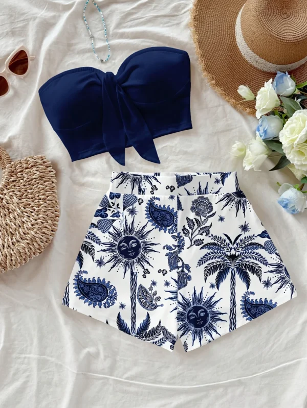 Conjunto de 2 piezas con estampado de árbol de coco y dios del sol para vacaciones de verano para mujer, adecuado para vacaciones, verano y primavera a la moda