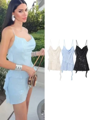 TFMLN Nuevo Vestido Corto de Lentejuelas con Tirantes para Mujer, Estilo Urbano, Elegante, Ajustado, para Fiesta, Brillante, Mini Vestidos para Dama