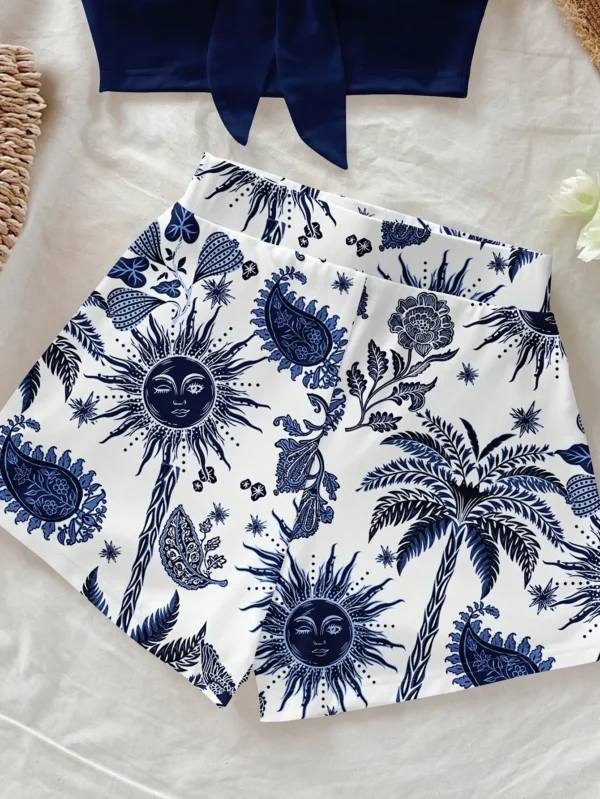 Conjunto de 2 piezas con estampado de árbol de coco y dios del sol para vacaciones de verano para mujer, adecuado para vacaciones, verano y primavera a la moda