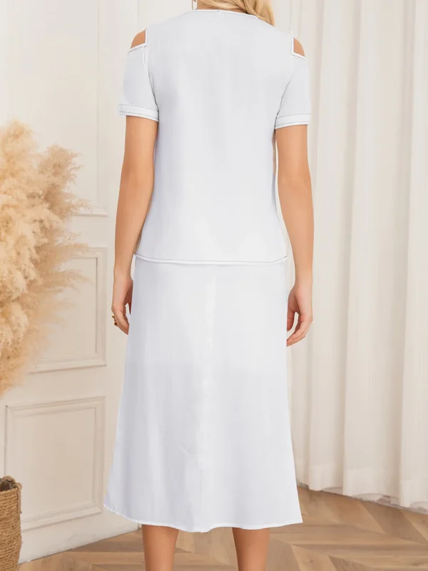 Conjunto de camisa y falda sencilla con cuello en V, vestido de mujer de manga corta, conjunto de dos piezas